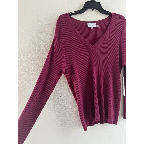 Womens Calvin Klein sweater V Neck Rib-Knit fine Merino Wool dark pink size XL