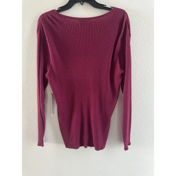 Womens Calvin Klein sweater V Neck Rib-Knit fine Merino Wool dark pink size XL