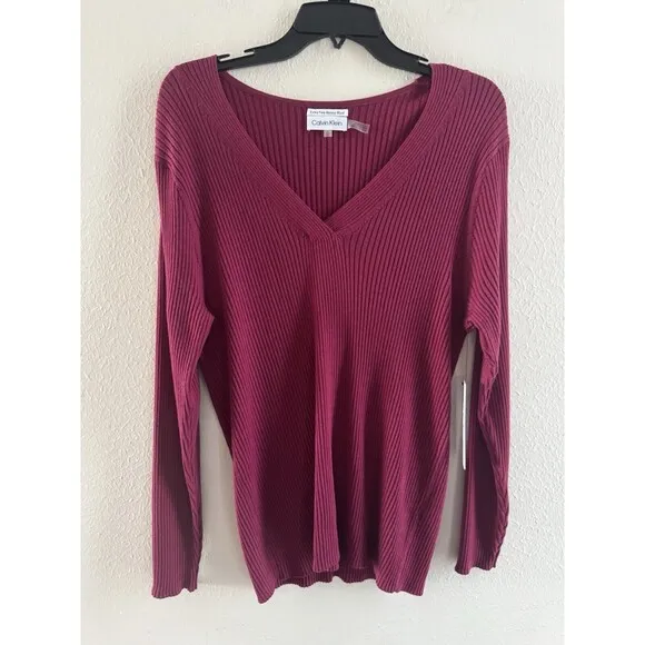 Womens Calvin Klein sweater V Neck Rib-Knit fine Merino Wool dark pink size XL