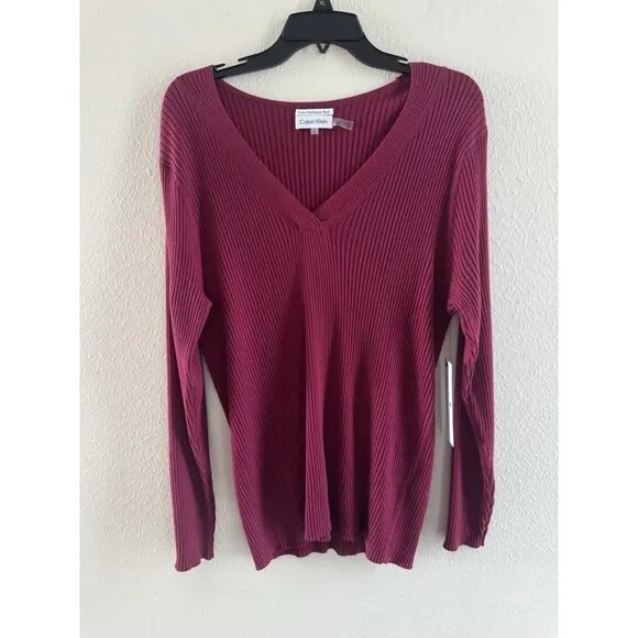 Womens Calvin Klein sweater V Neck Rib-Knit fine Merino Wool dark pink size XL