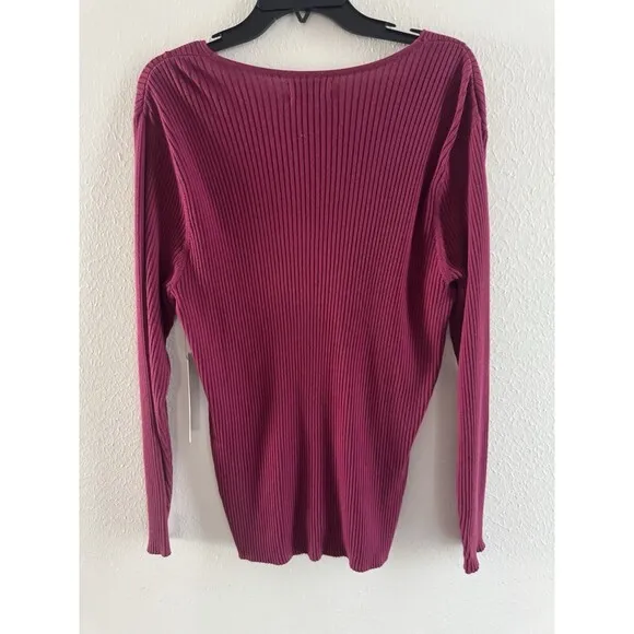 Womens Calvin Klein sweater V Neck Rib-Knit fine Merino Wool dark pink size XL