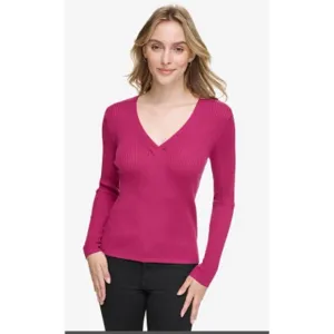 Womens Calvin Klein sweater V Neck Rib-Knit fine Merino Wool dark pink size XL