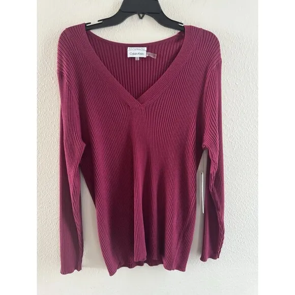 Womens Calvin Klein sweater V Neck Rib-Knit fine Merino Wool dark pink size XL