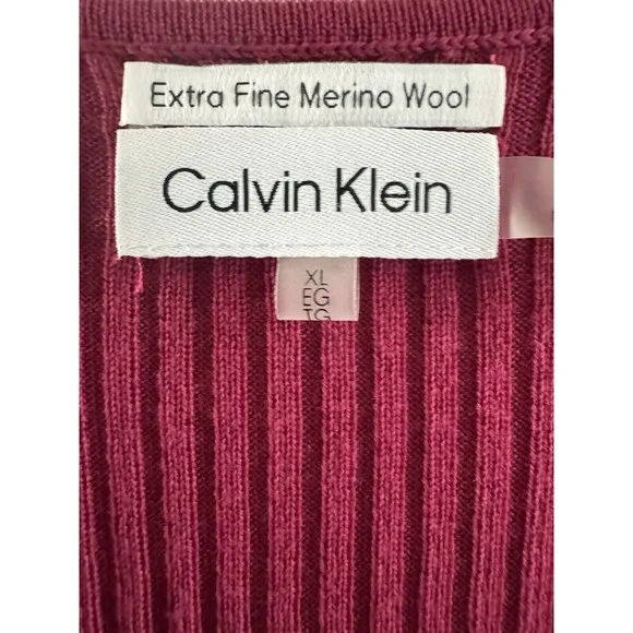 Womens Calvin Klein sweater V Neck Rib-Knit fine Merino Wool dark pink size XL
