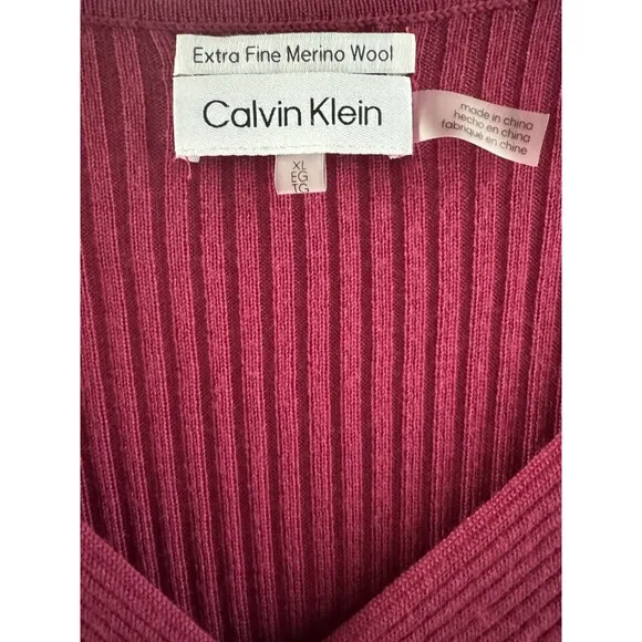 Womens Calvin Klein sweater V Neck Rib-Knit fine Merino Wool dark pink size XL
