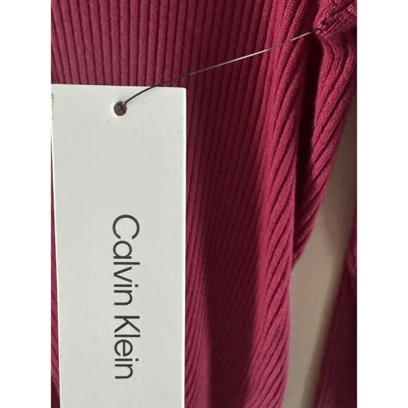 Womens Calvin Klein sweater V Neck Rib-Knit fine Merino Wool dark pink size XL
