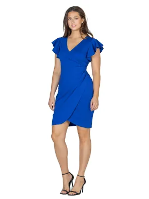 Womens V Neck Ruffle Sleeve Knee Length Dress