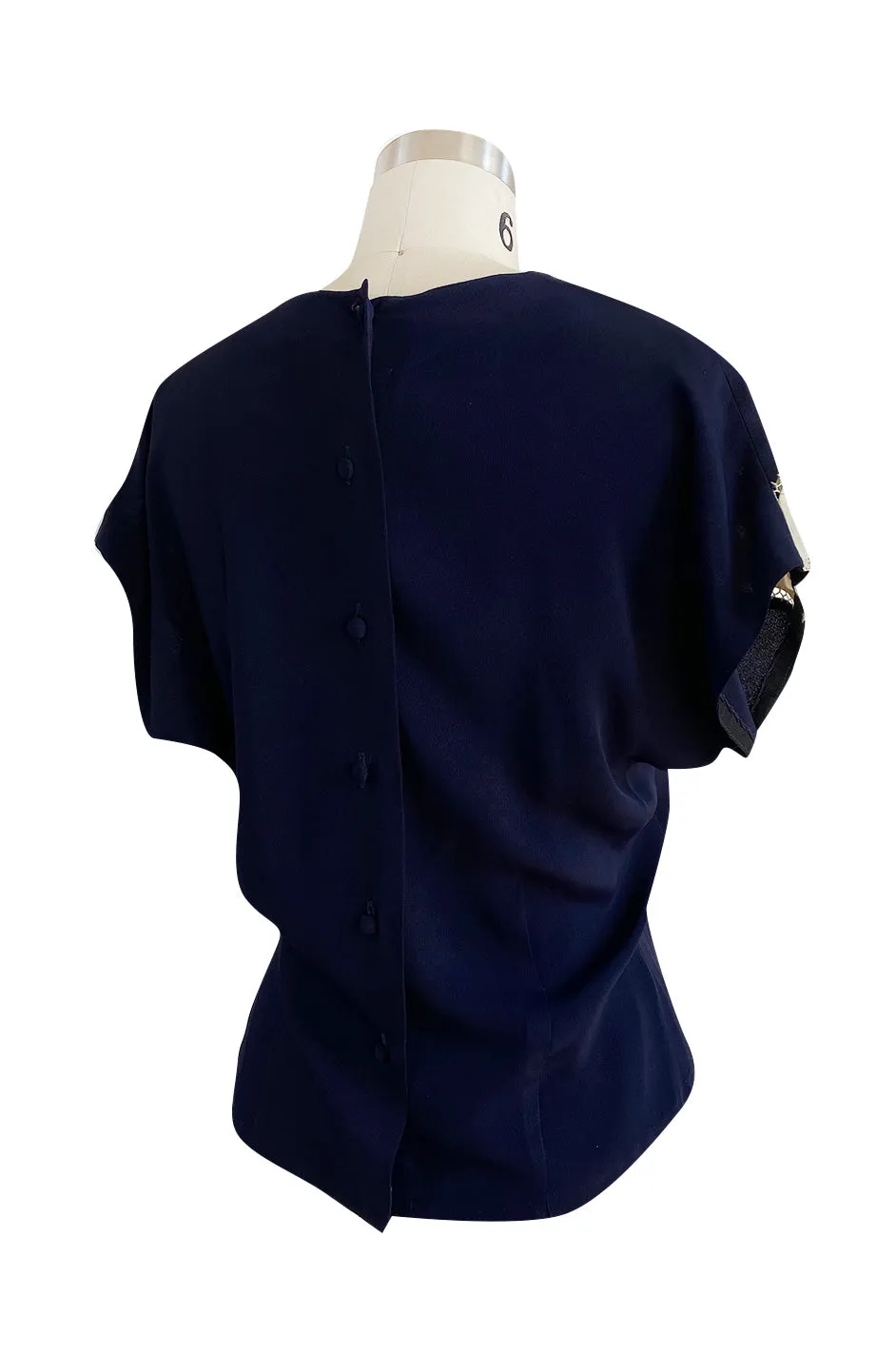 Wonderful 1940s Deep Blue Silk Top w Button Back, Front White Insets & Open Cut Work