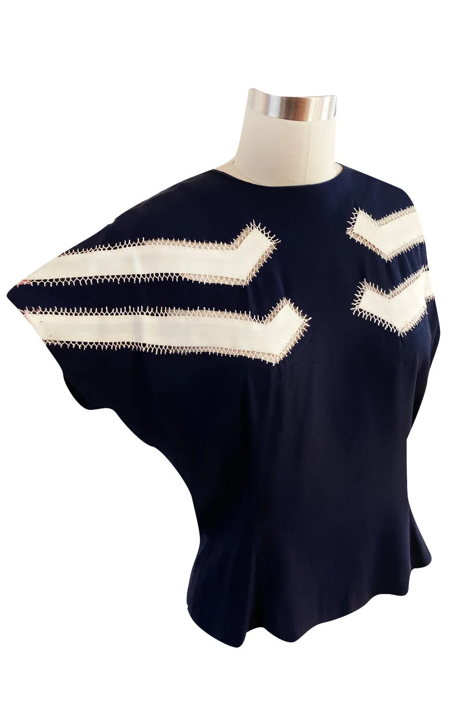 Wonderful 1940s Deep Blue Silk Top w Button Back, Front White Insets & Open Cut Work