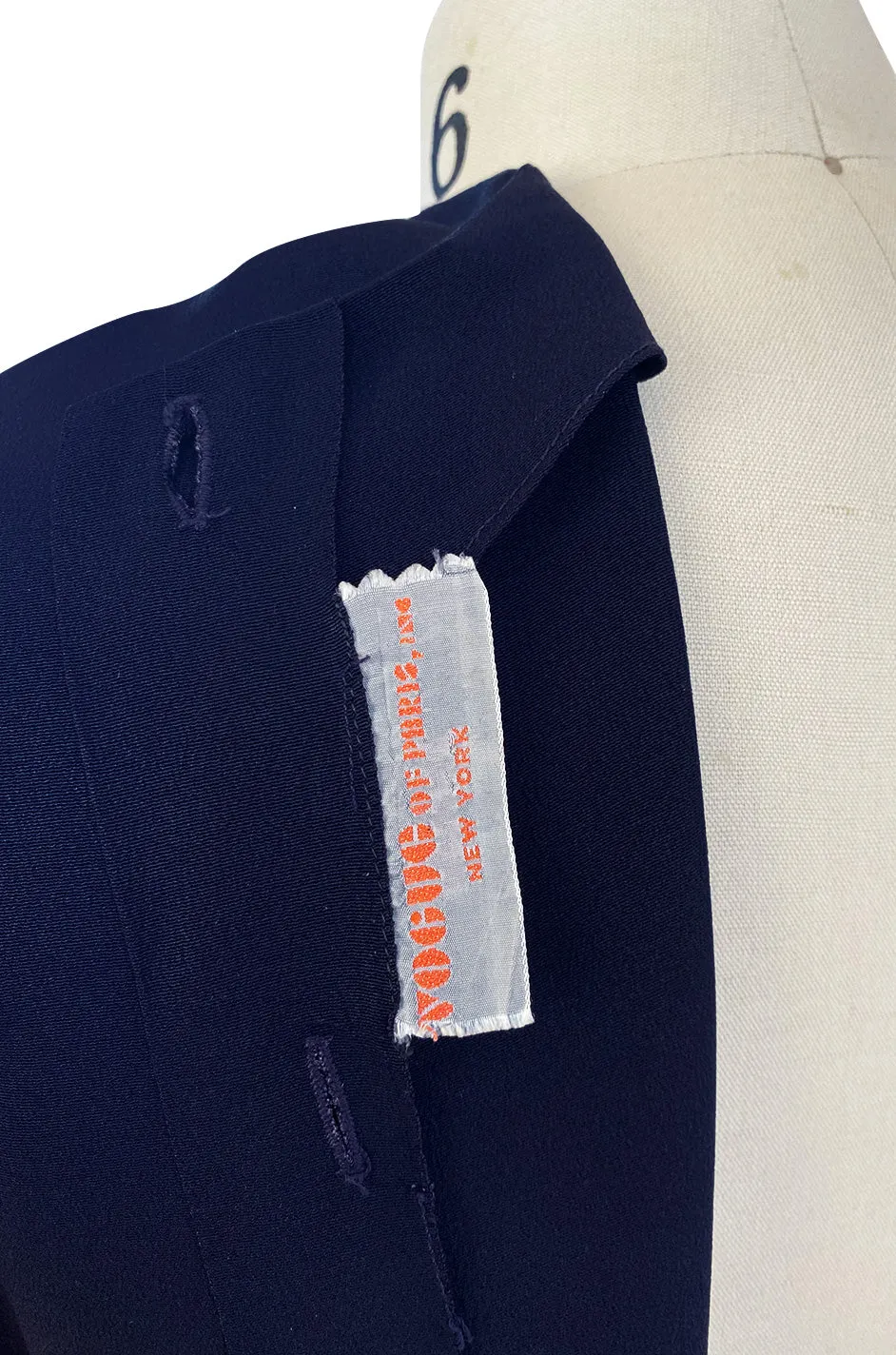 Wonderful 1940s Deep Blue Silk Top w Button Back, Front White Insets & Open Cut Work