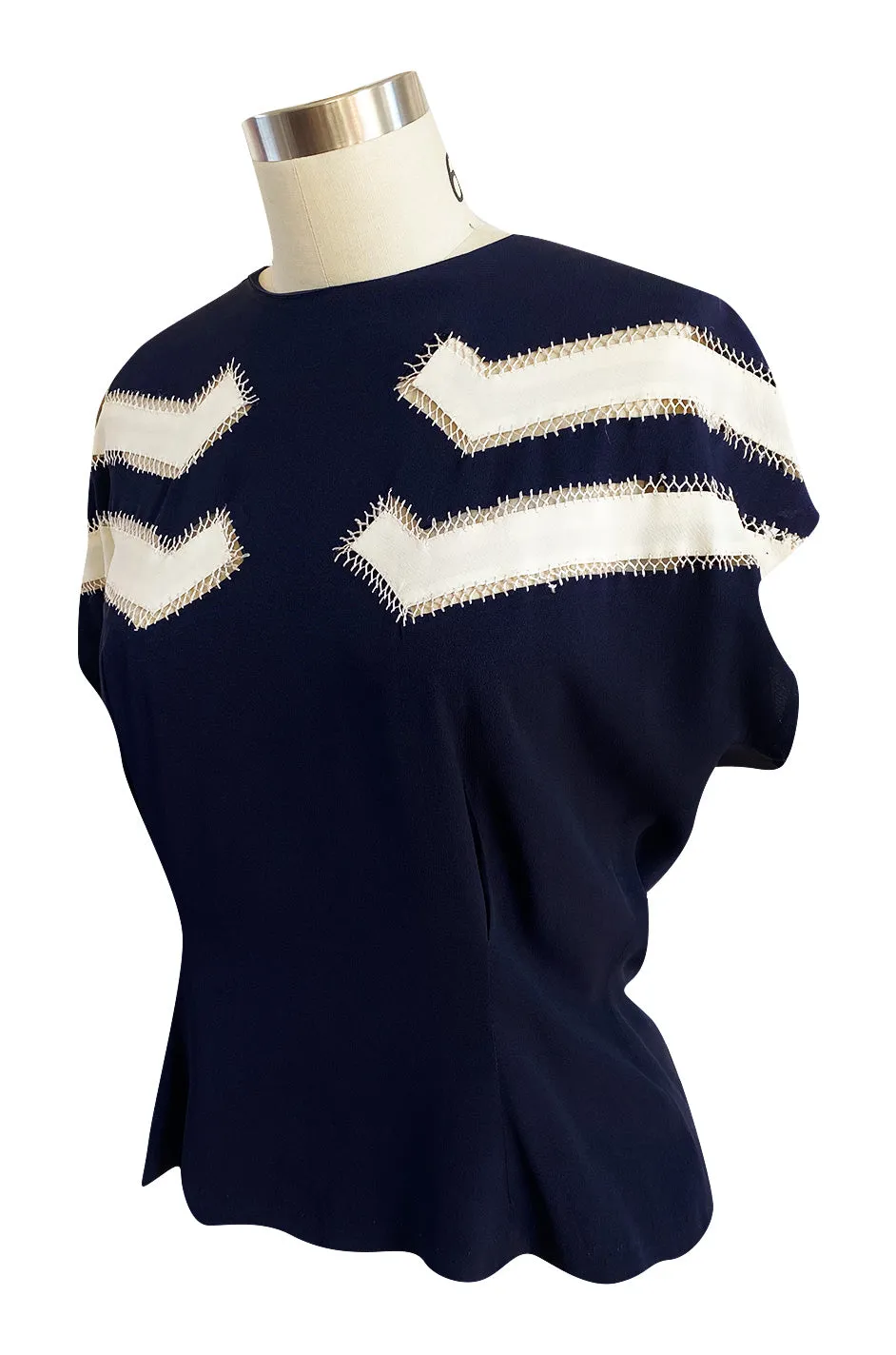 Wonderful 1940s Deep Blue Silk Top w Button Back, Front White Insets & Open Cut Work