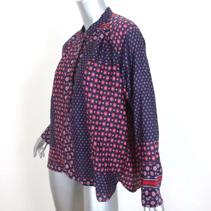 Xirena Top Kora Navy/Red Printed Cotton-Silk Size Small Long Sleeve Blouse