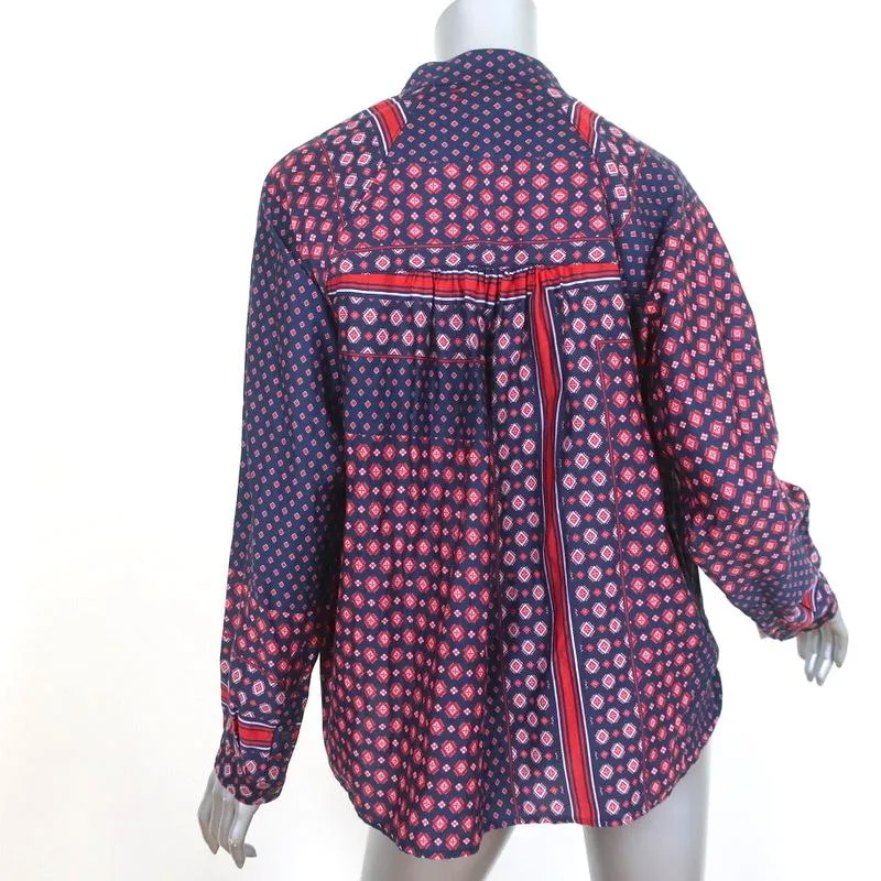 Xirena Top Kora Navy/Red Printed Cotton-Silk Size Small Long Sleeve Blouse