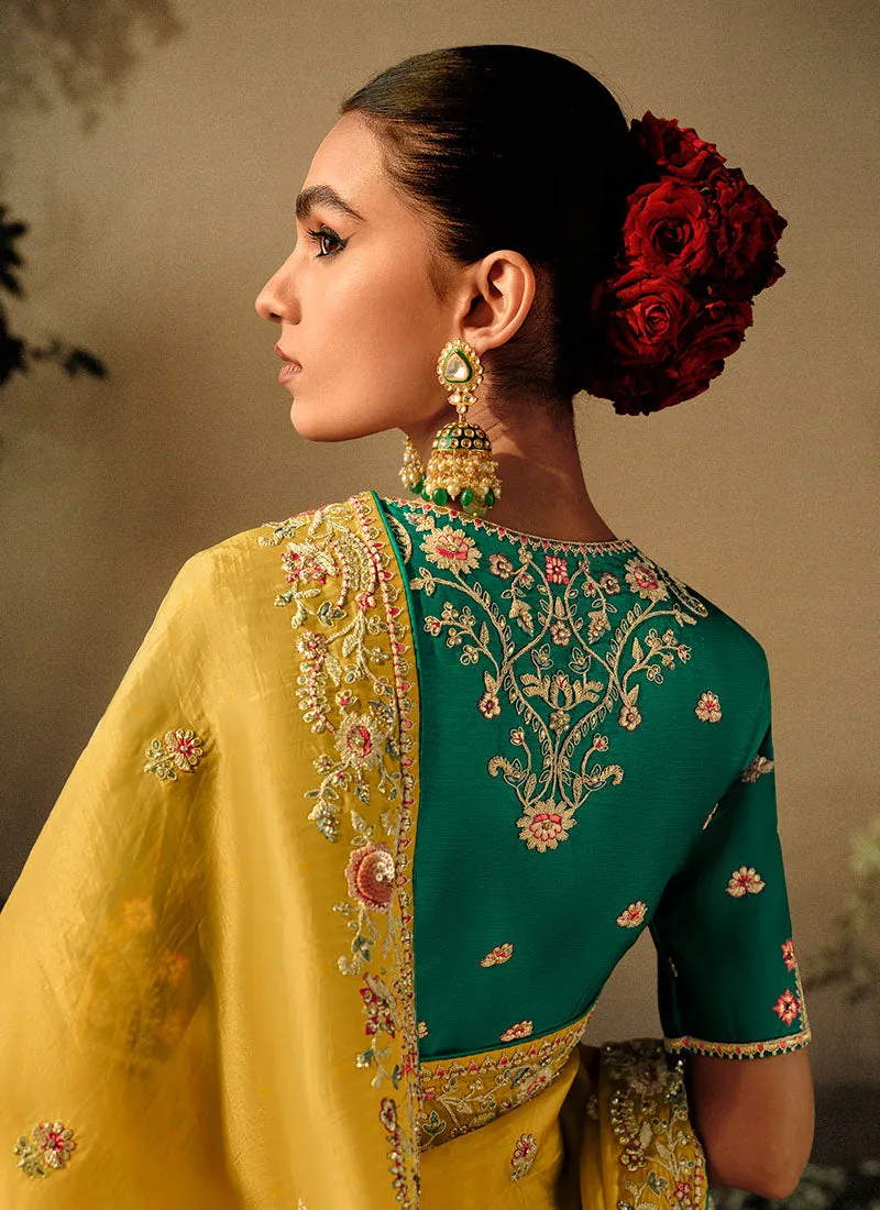 Yellow And Green Multi Embroidery Wedding Silk Saree