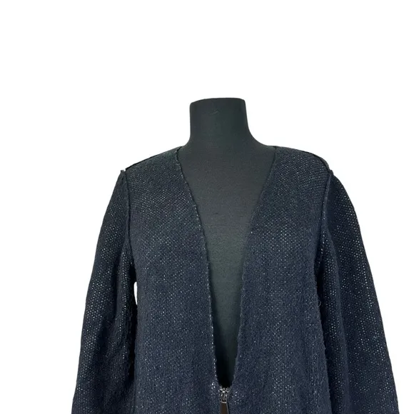 Zara Knit Long Cardigan Sweater Zip Front V Neck Black L