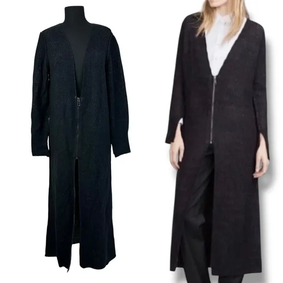 Zara Knit Long Cardigan Sweater Zip Front V Neck Black L