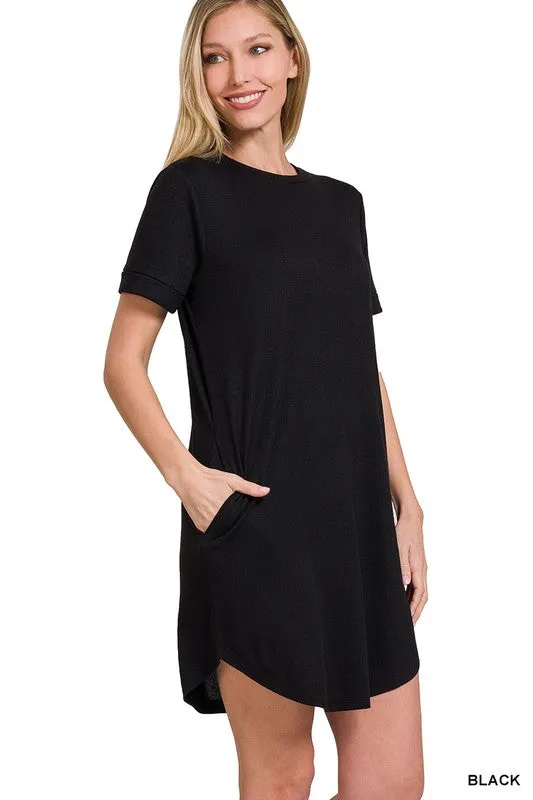ZENANA Rolled Short Sleeve Round Neck Dress