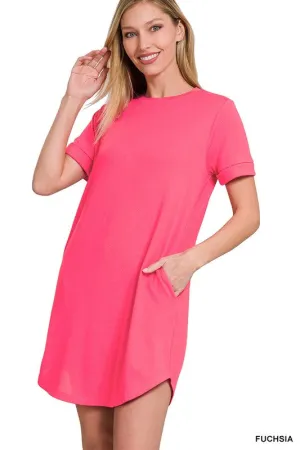 ZENANA Rolled Short Sleeve Round Neck Dress