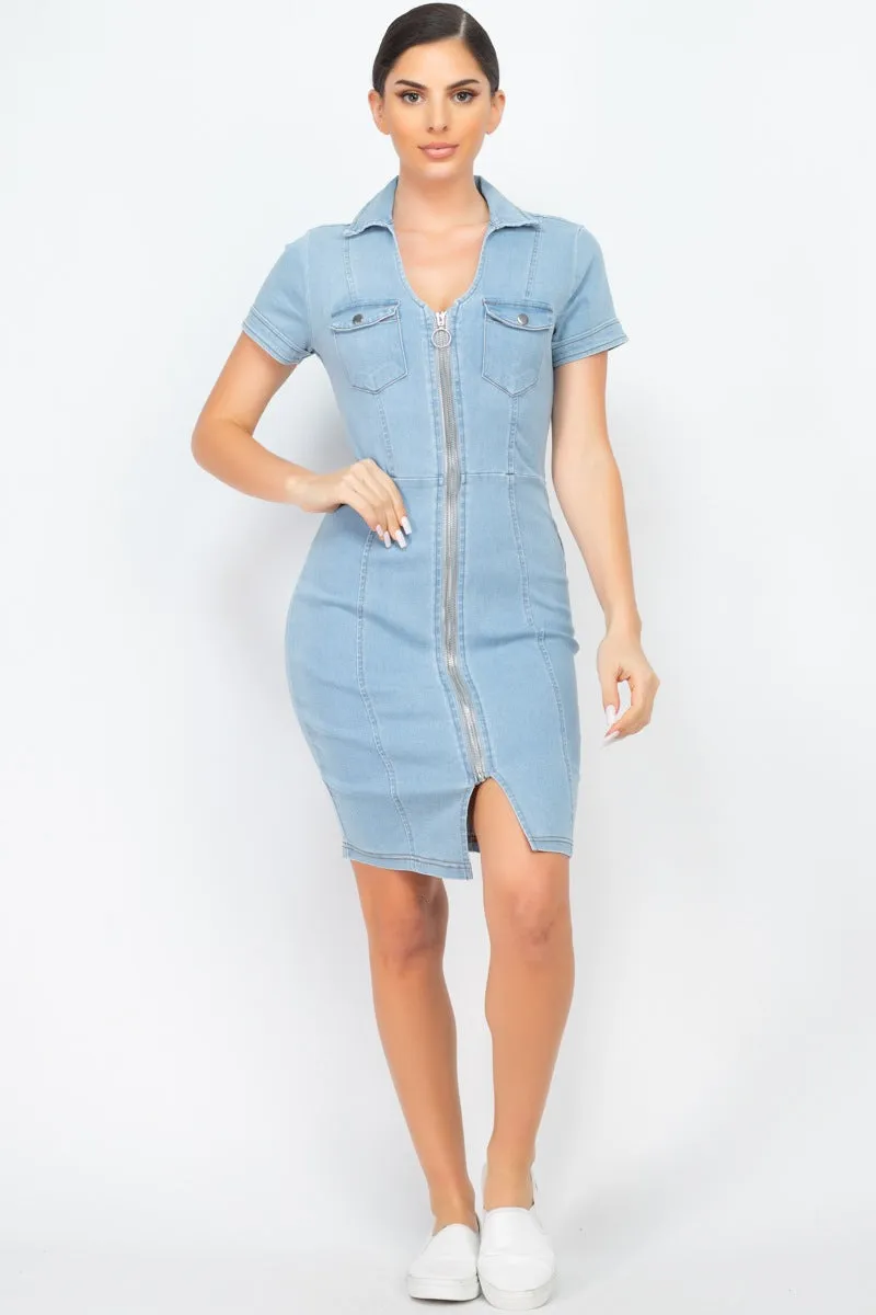 Zip Front Denim Mini Dress