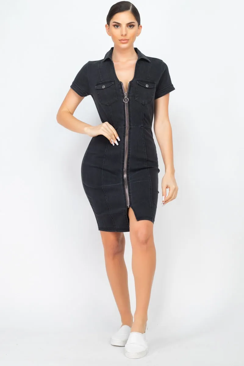 Zip Front Denim Mini Dress